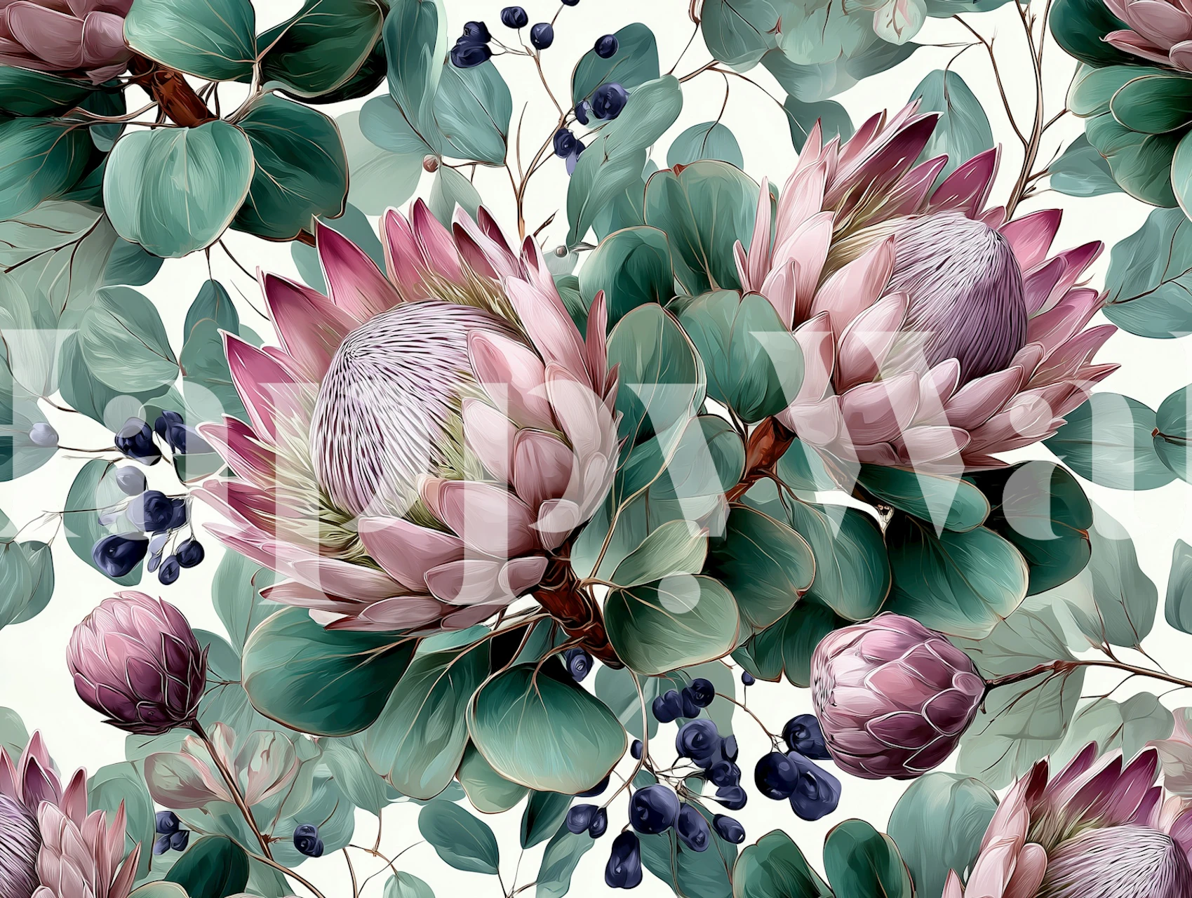 Pink protea blossoms and green leaves wallpaper