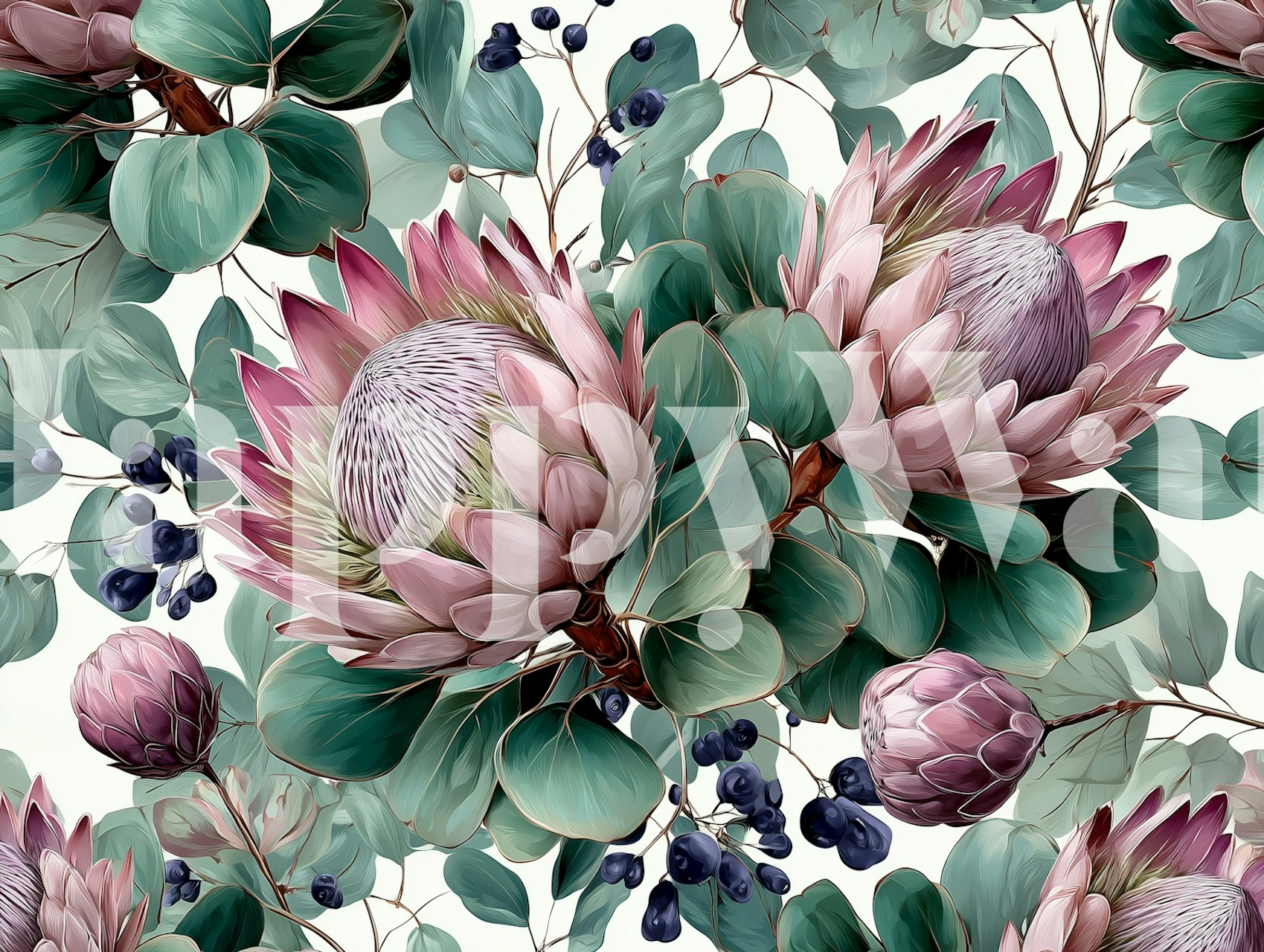 Pink protea blossoms and green leaves wallpaper