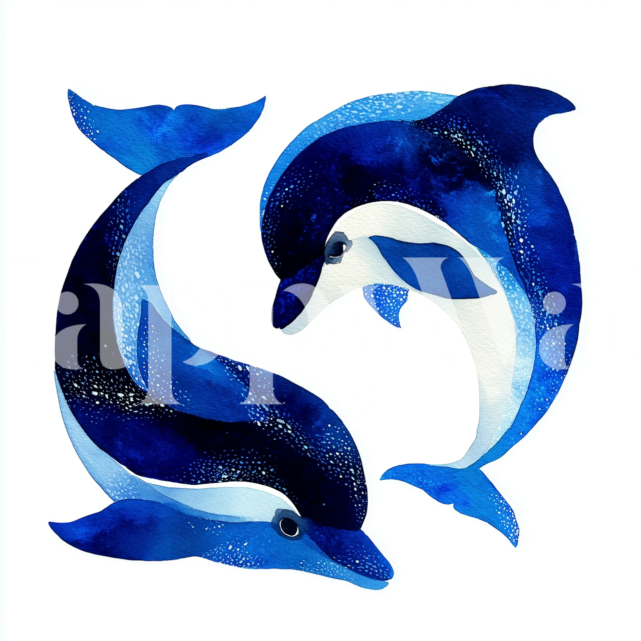 Two dolphins swimming in shades of blue watercolor wallpaper