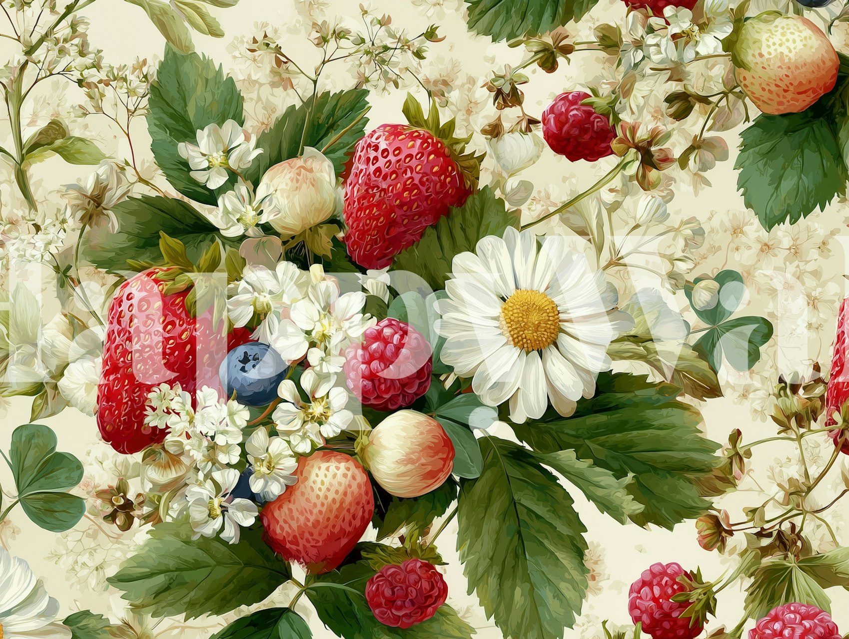 Strawberries, daisies, and wildflowers in a floral pattern wallpaper