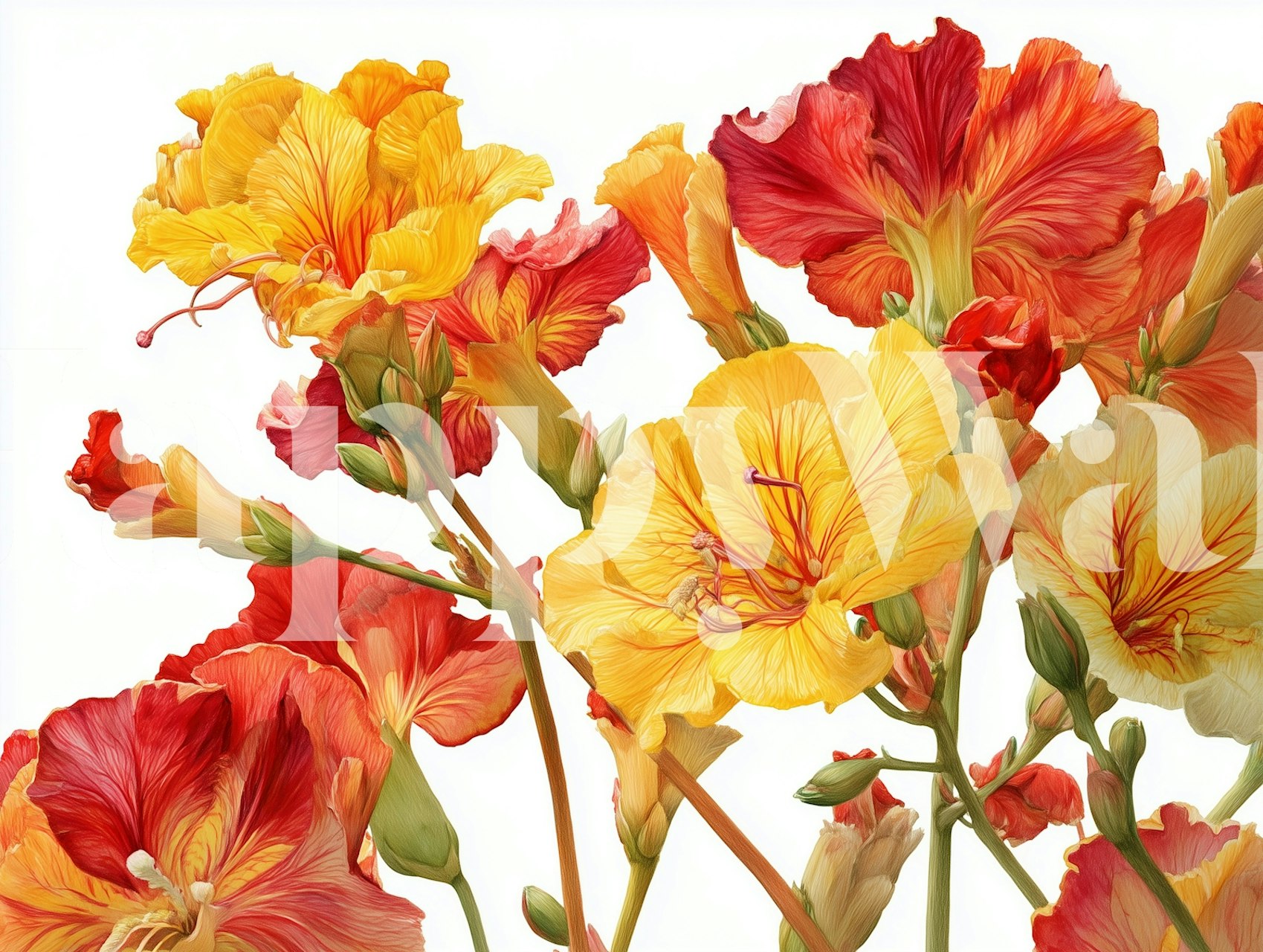 Colorful red and yellow floral wallpaper with delicate petals in vibrant hues