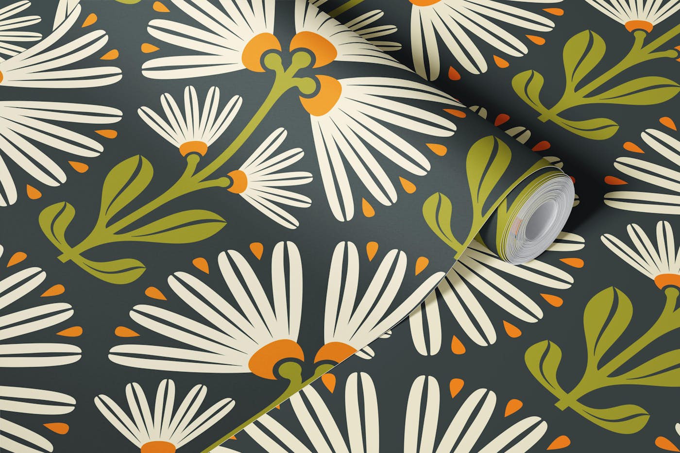 Stylish Daisy Blooms in Green Orange - S wallpaper roll