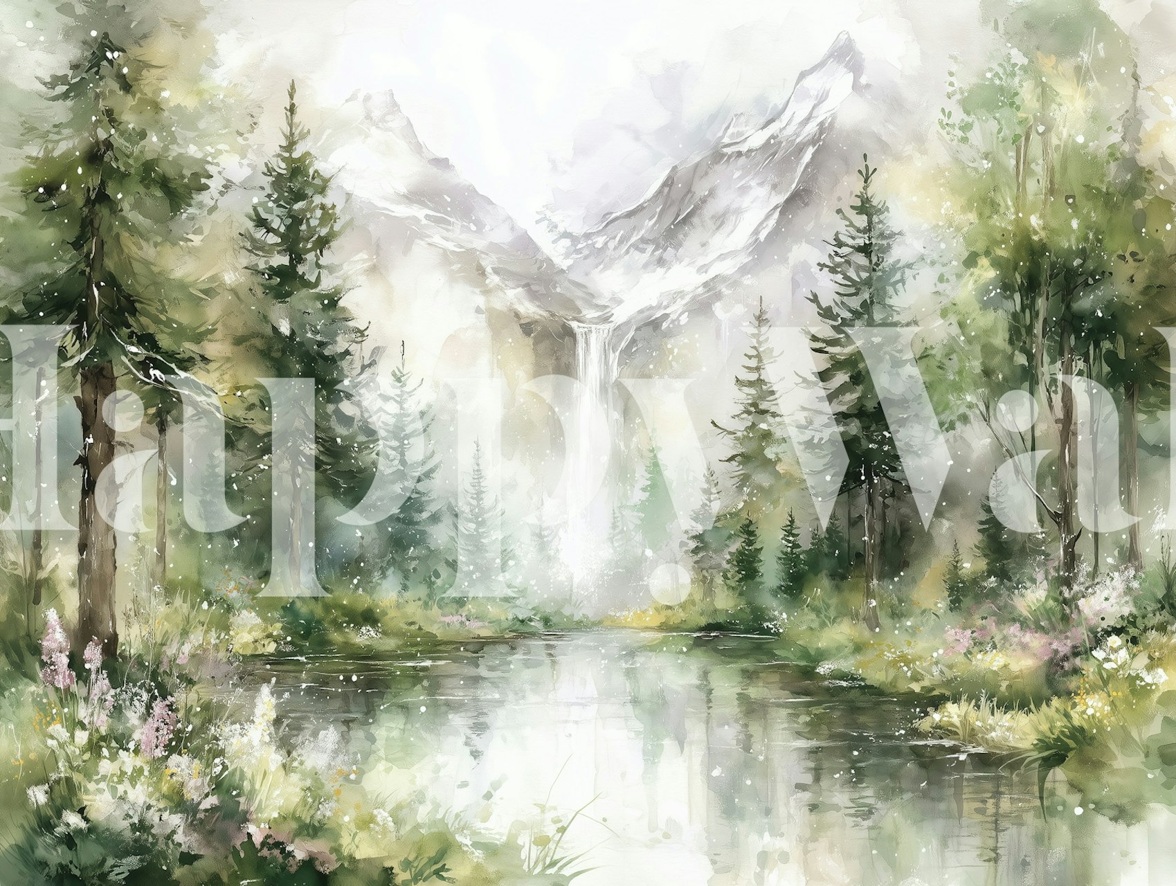 Scenic waterfall wallpaper in a cozy room