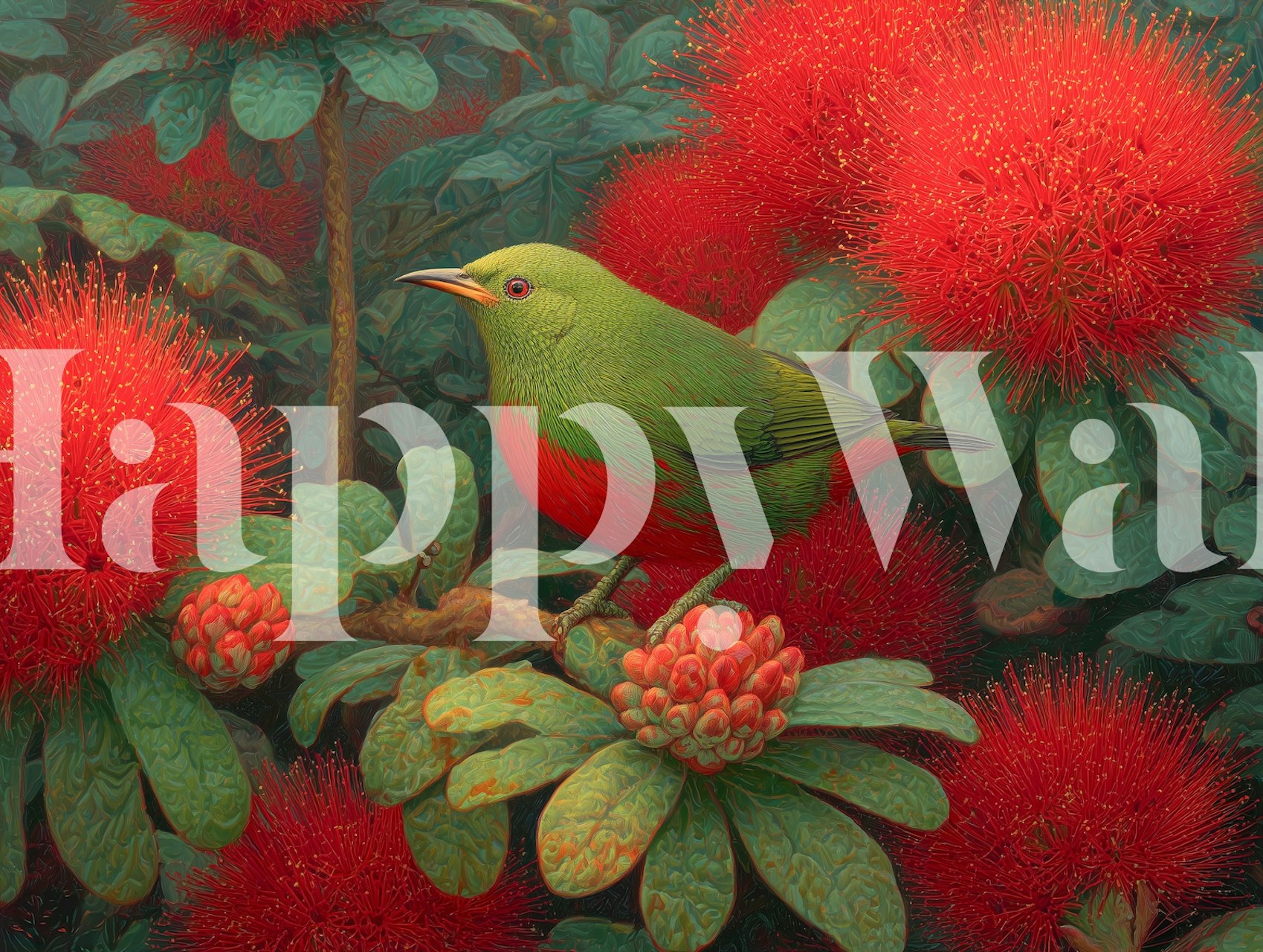 Πράσινο πουλί καθισμένο ανάμεσα σε κόκκινες ανθοφορίες