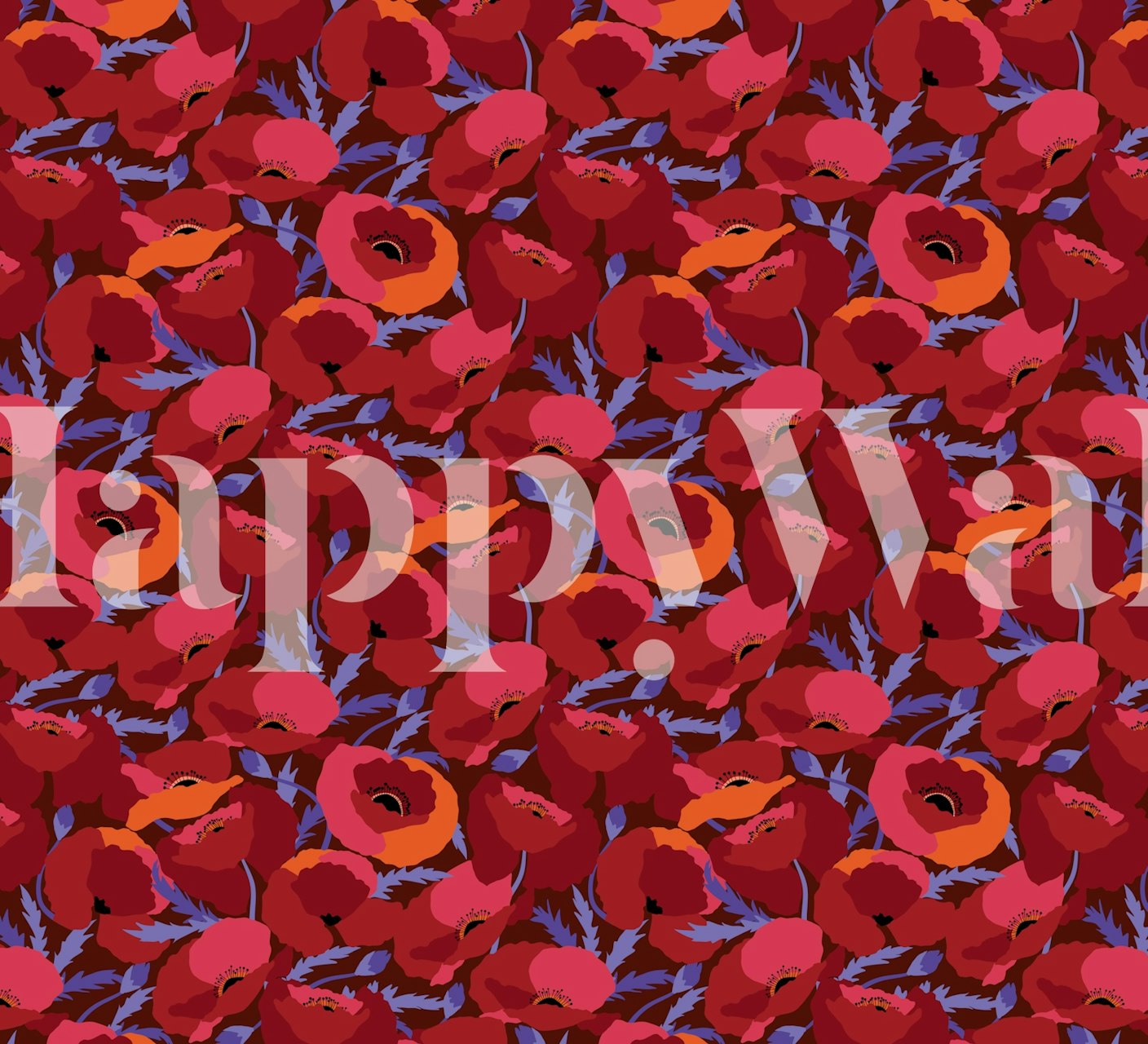 Red and pink poppy pattern with green leaves wallpaper