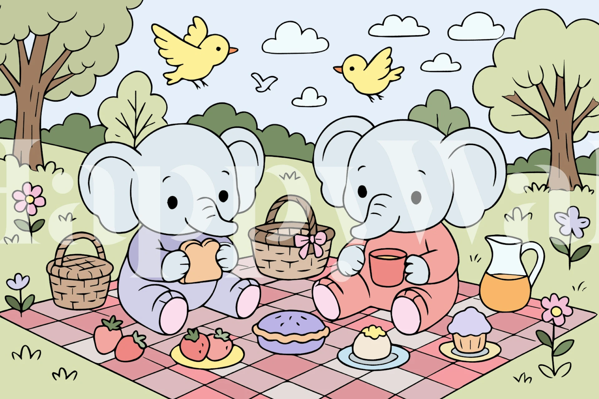 Elephant twin siblings enjoying a picnic with food and nature wallpaper