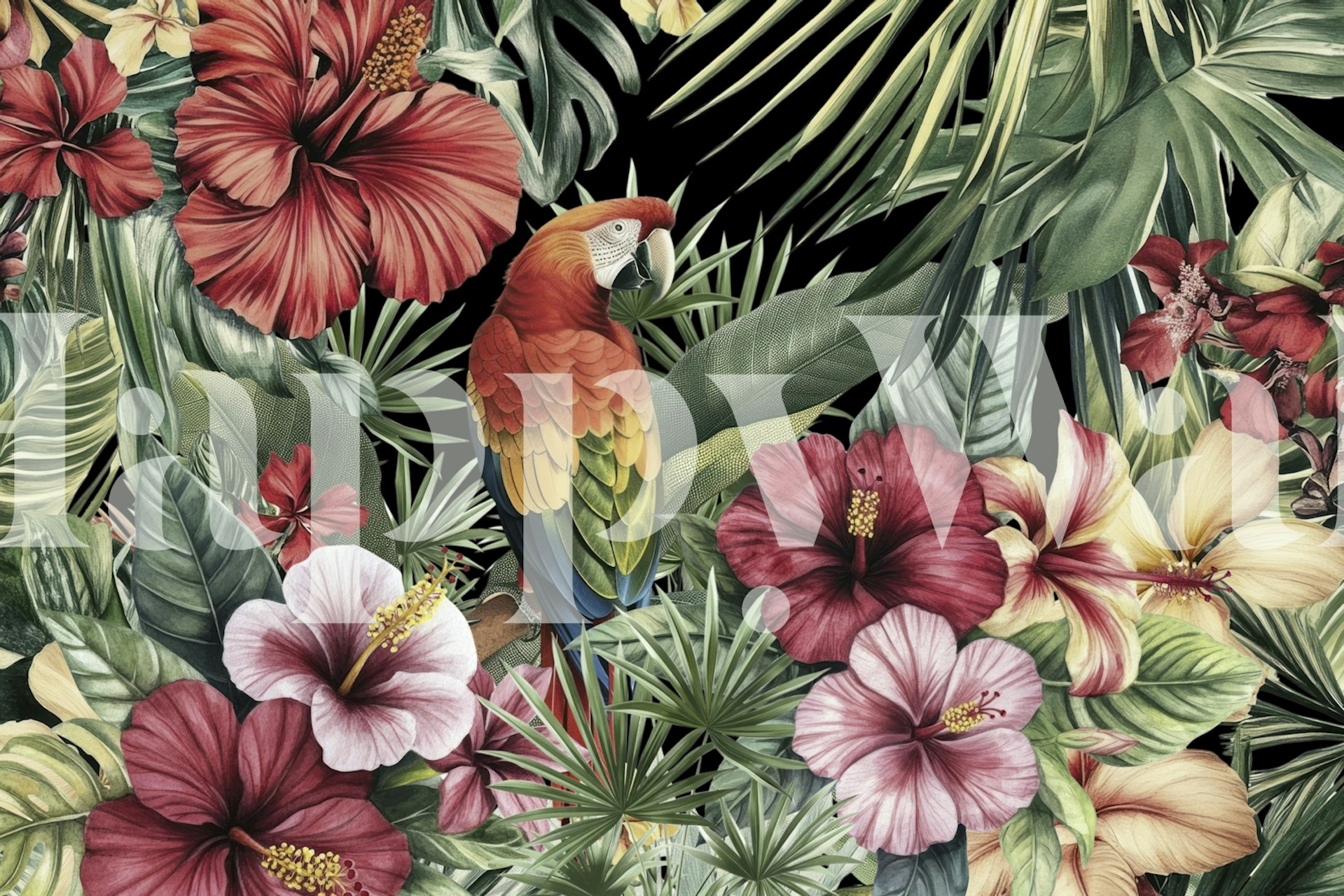 Εμφάνιση ταπετσαρίας με τροπικούς παπαγάλους και λουλούδια