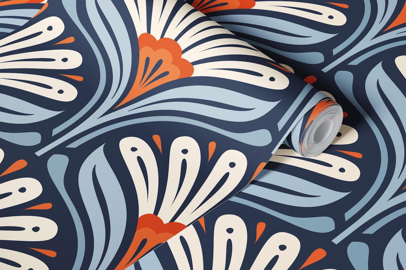 Art Deco Daisy Bloom in Blue Red - L wallpaper roll
