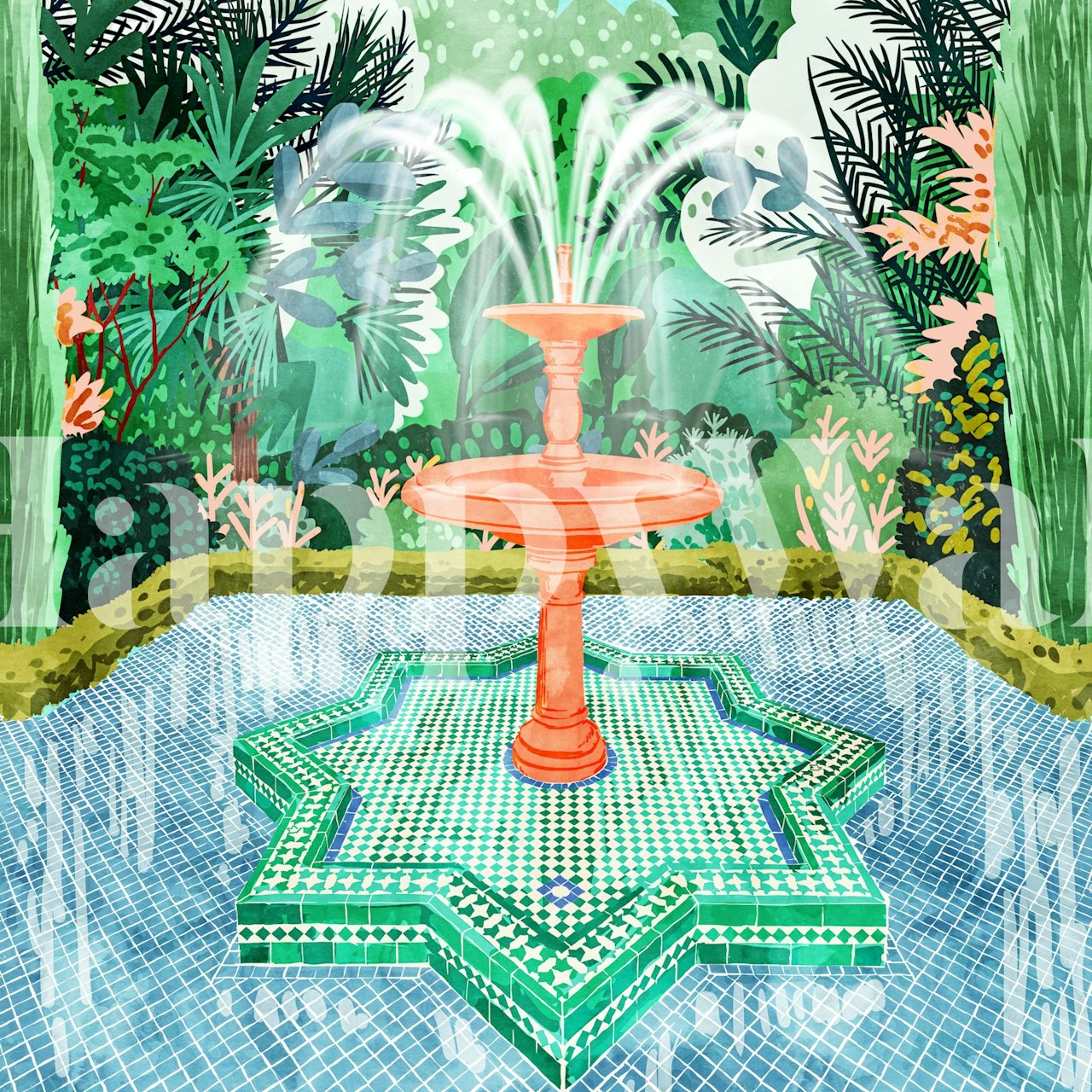 Tropical fountain wall mural with green plants and geometric patterns