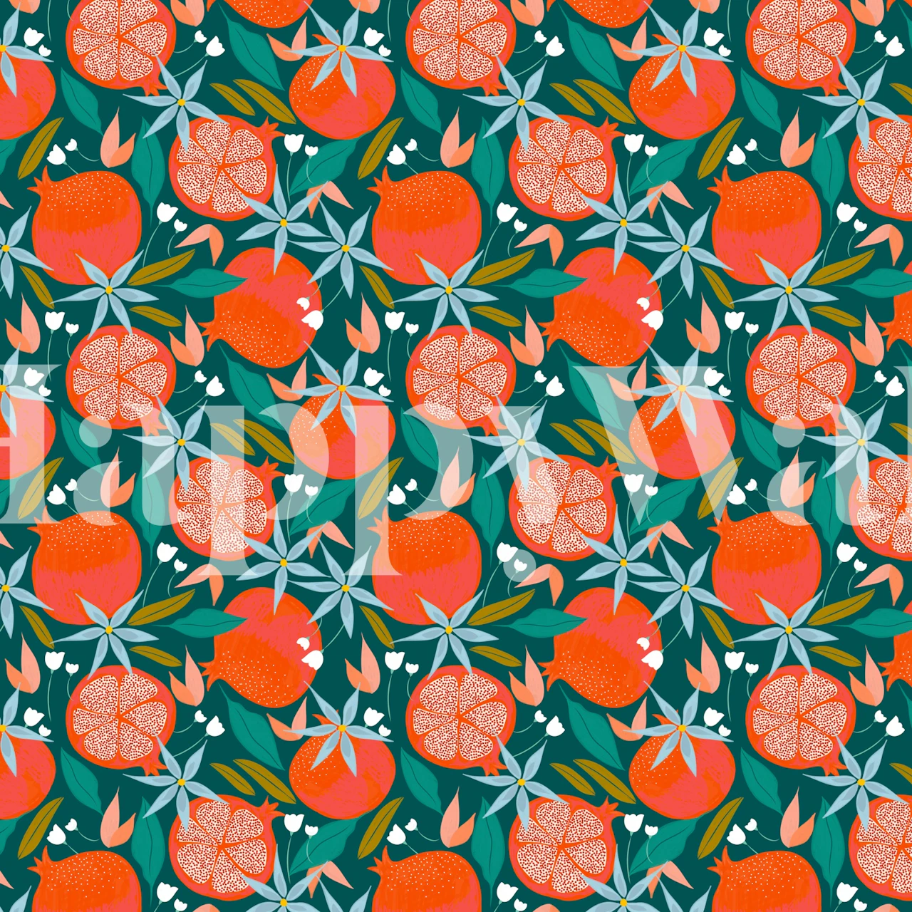 Colorful pomegranates and flowers on green background wallpaper