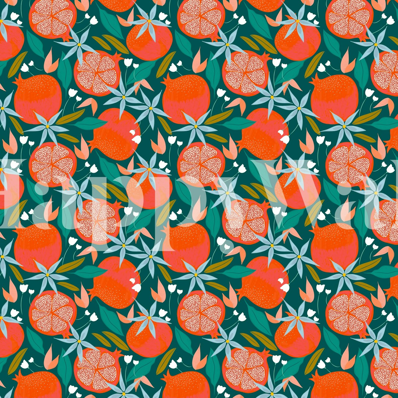 Colorful pomegranates and flowers on green background wallpaper