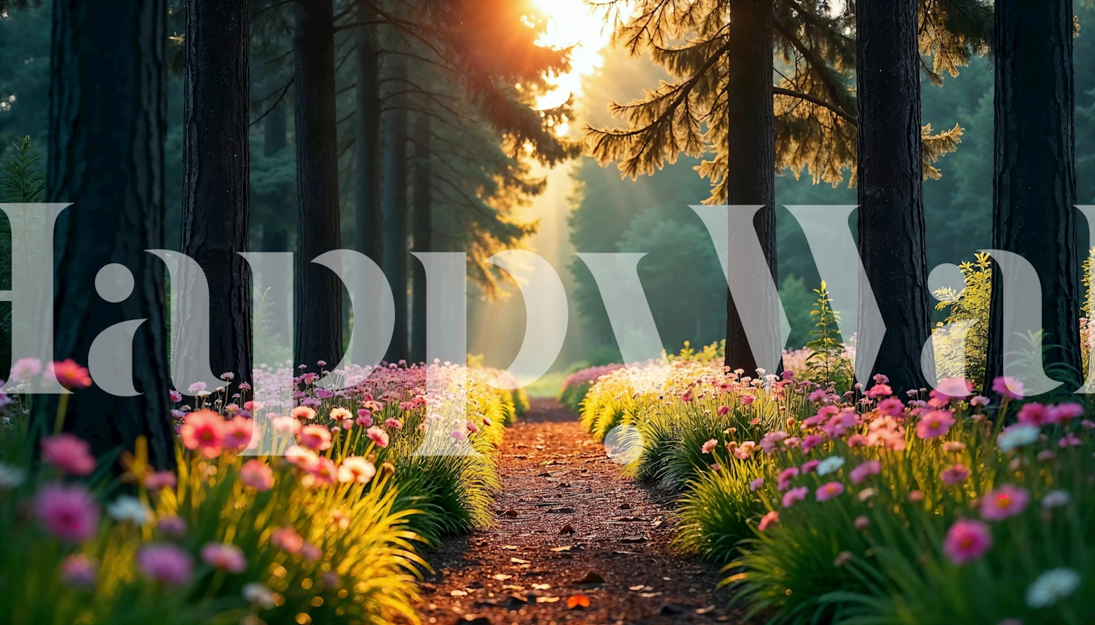 floral forest scene with path and pink flowers wallpaper