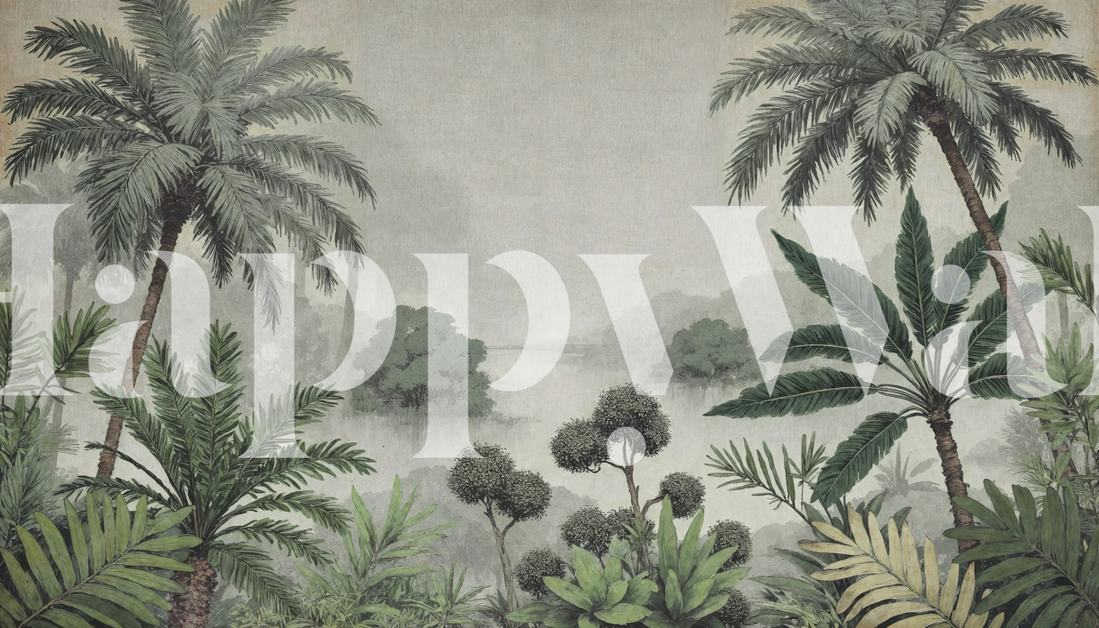 Lush tropical rainforest with green palms and plants wallpaper