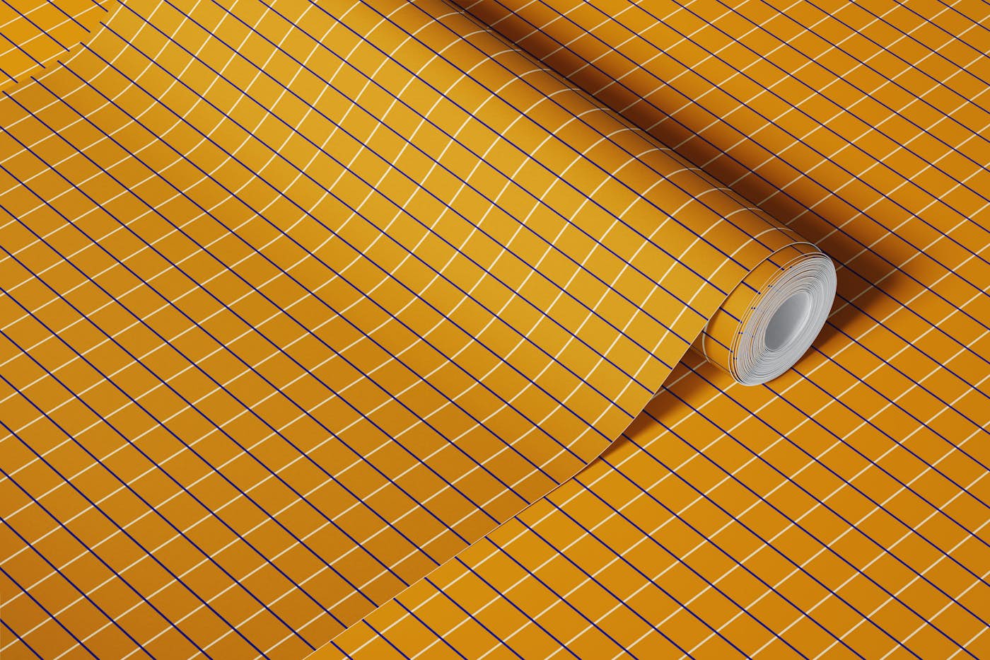 Mustard and Navy Retro Grid Pattern wallpaper roll