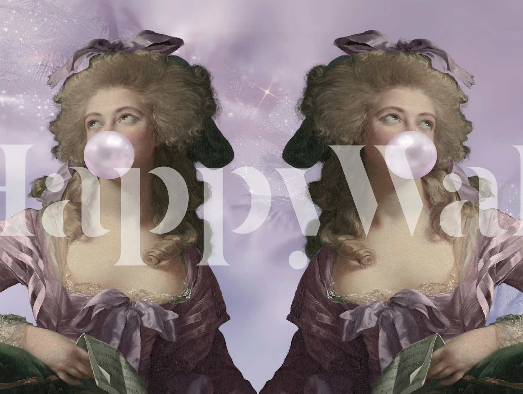 Pink Rococo themed wallpaper featuring a woman blowing bubblegum