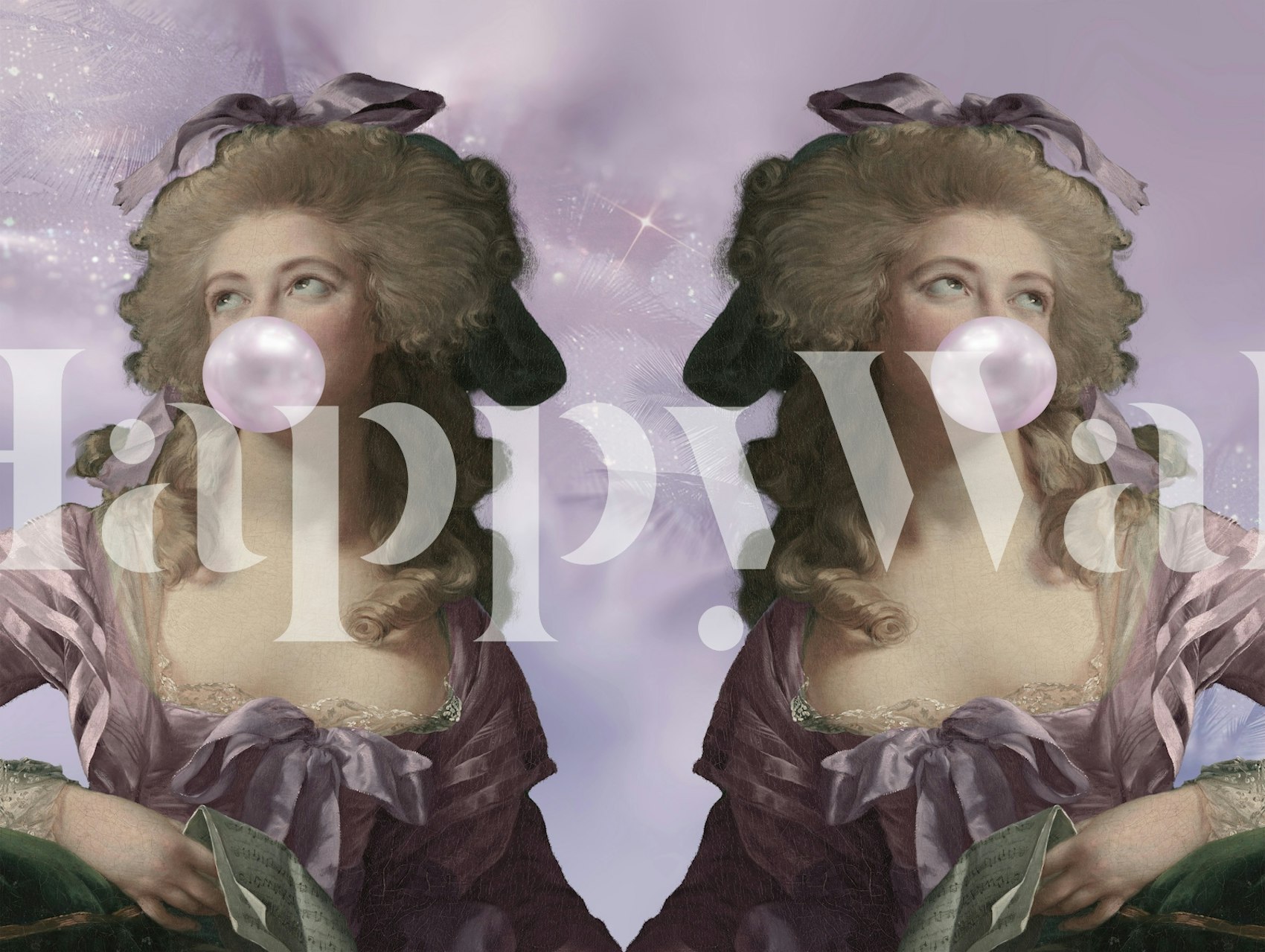 Pink Rococo themed wallpaper featuring a woman blowing bubblegum