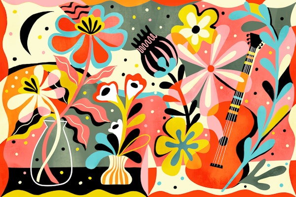 Guitar moon and flowers
