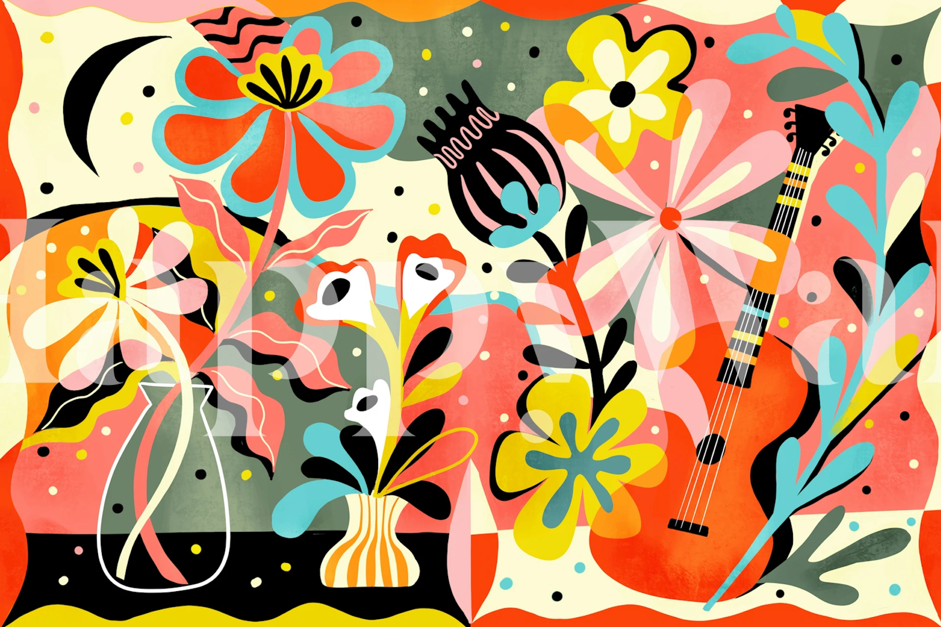 Guitar moon and flowers behang in een kamer