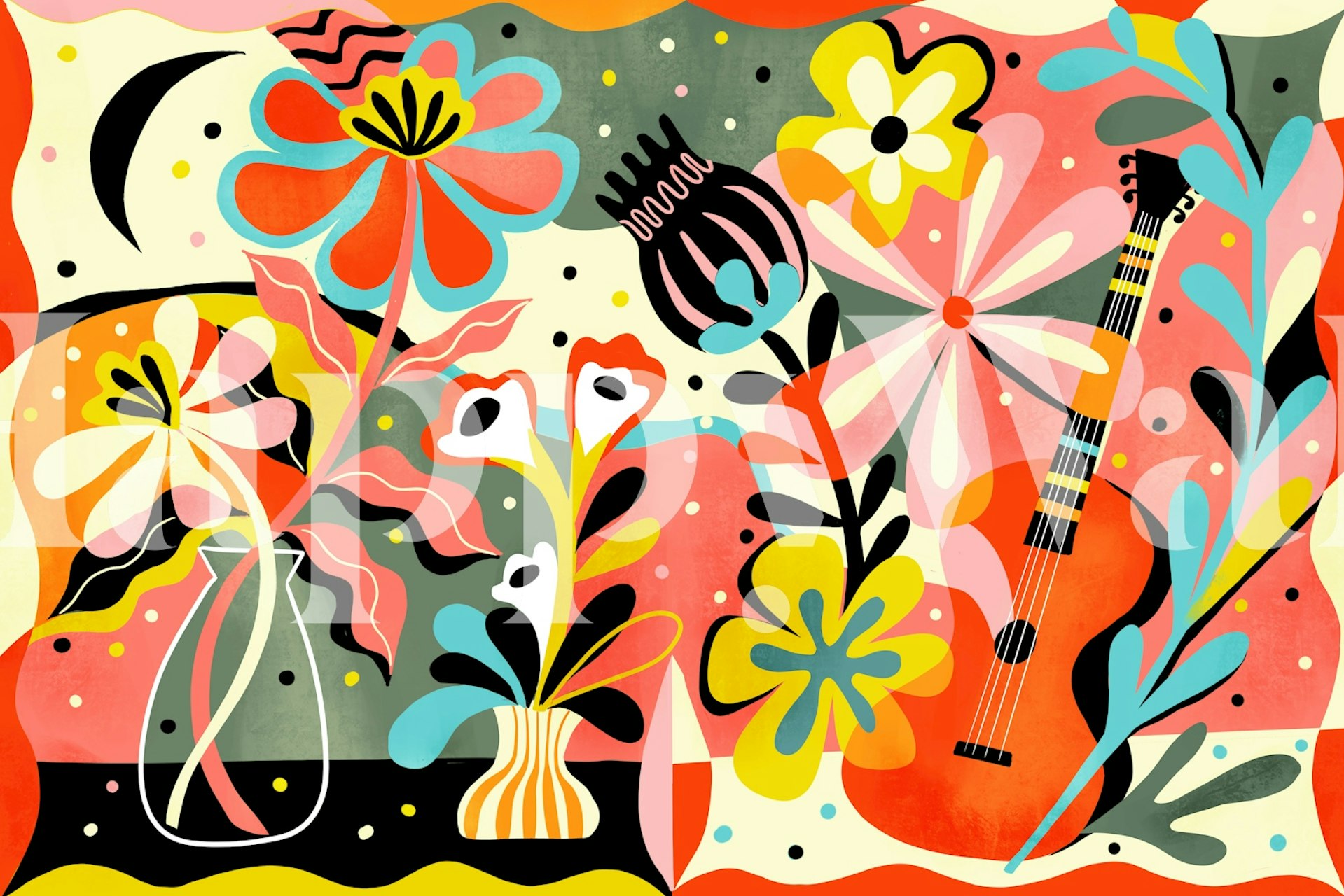 Guitar moon and flowers wallpaper in a room