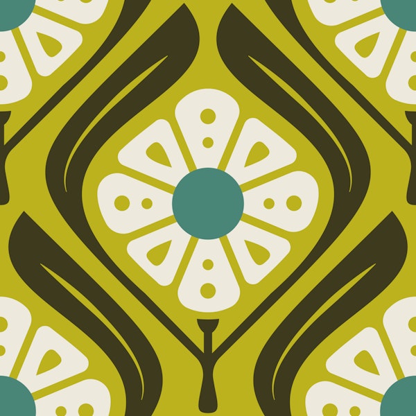 Retro Squared Daisies in Green - L