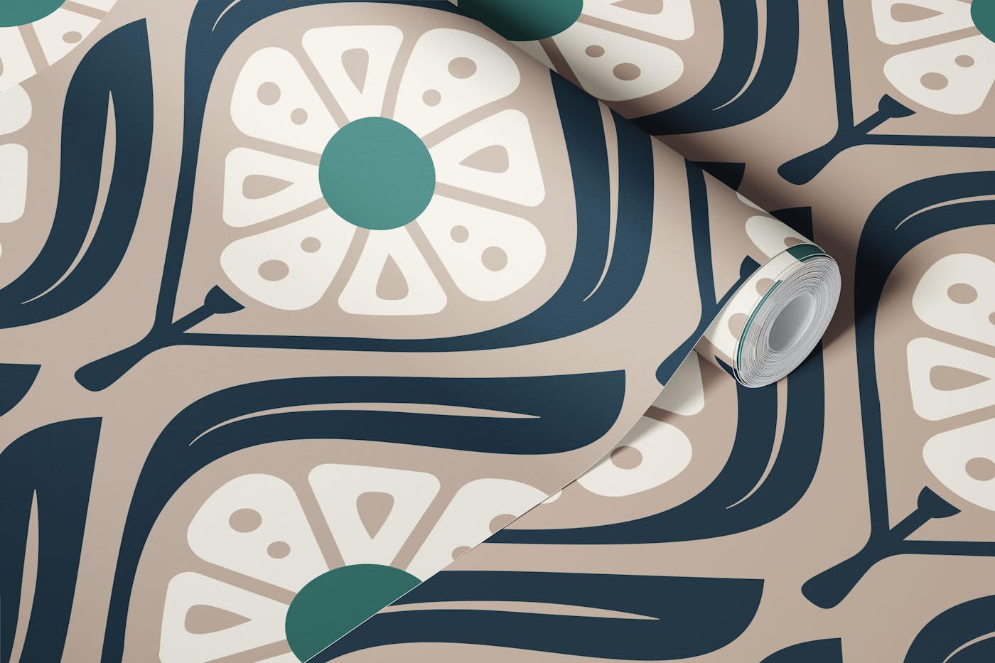 Retro Squared Daisies in Beige Green - S wallpaper roll