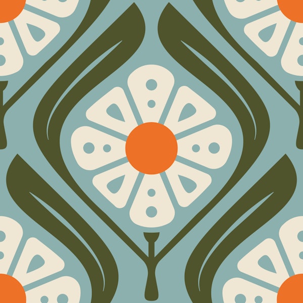 Retro Squared Daisies in Green Orange - S