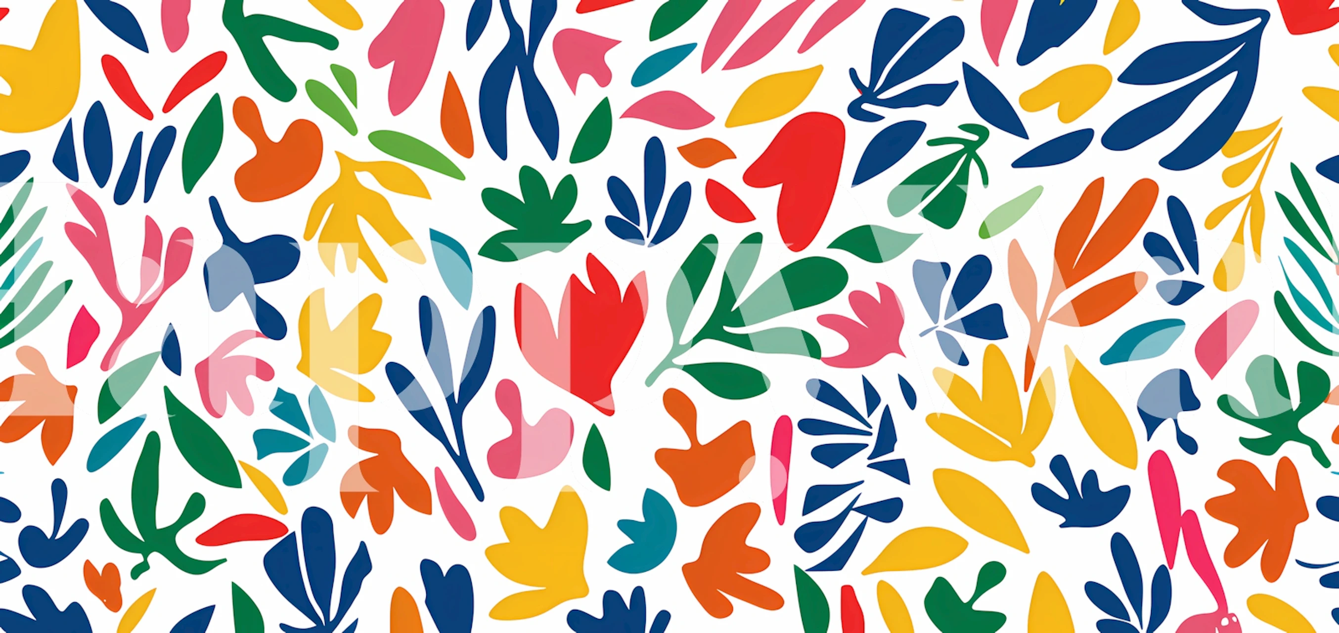 Colorful floral patterns in red, blue, yellow, and green on a white background wallpaper