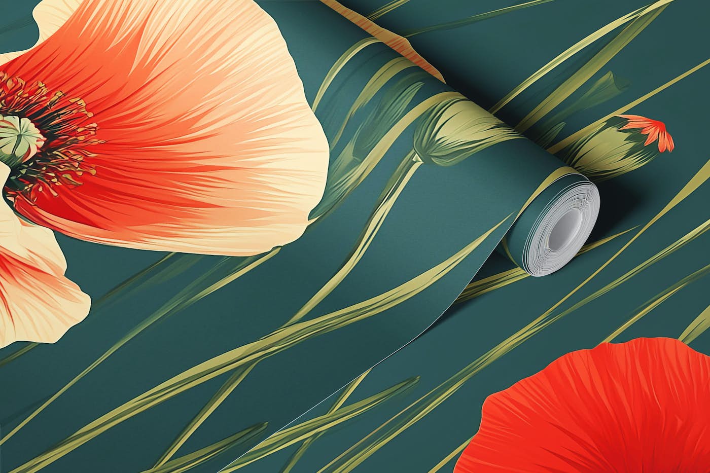 Vintage Poppy Fields wallpaper roll