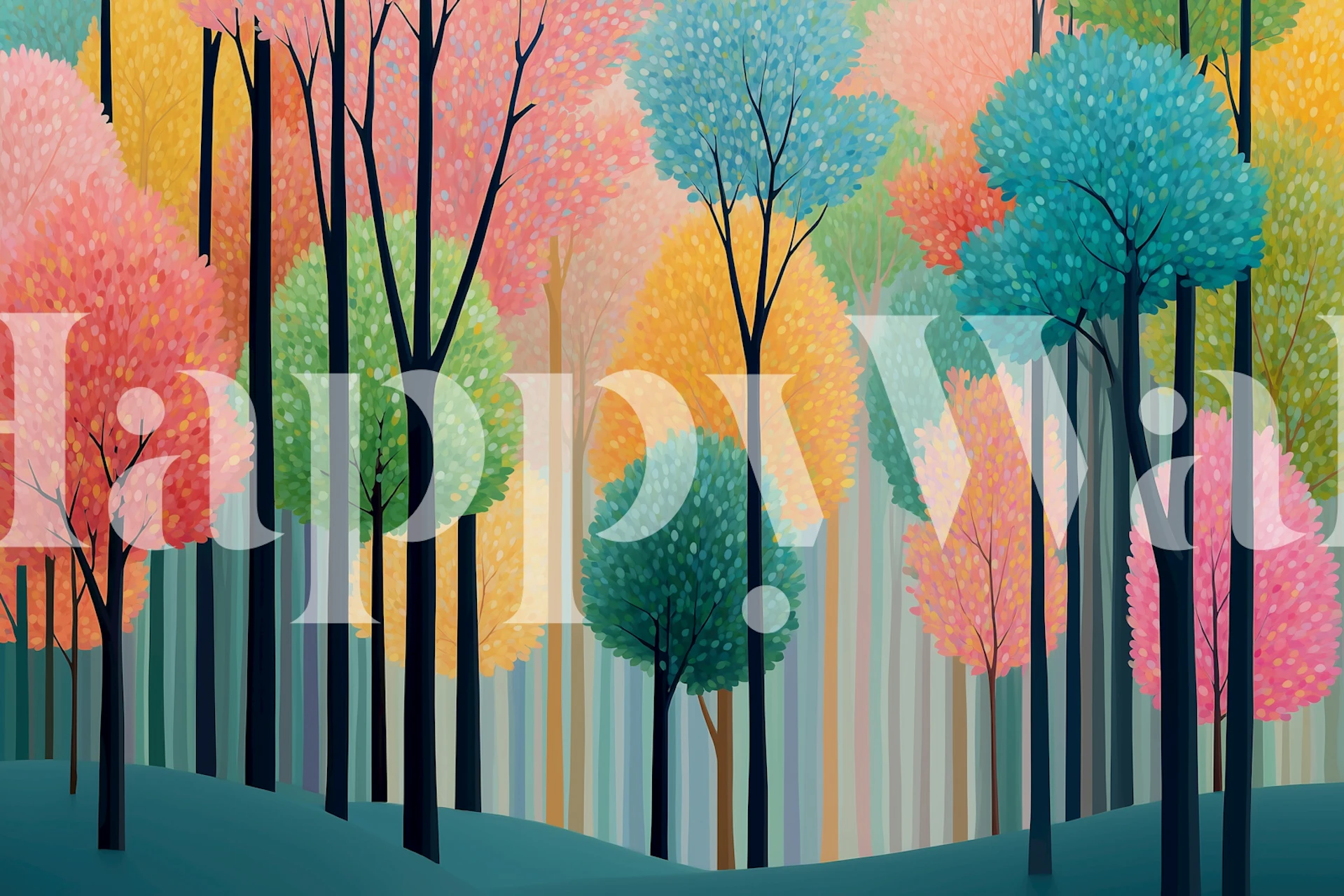 Colorful trees in a forest with hues of pink, blue, orange, and green wallpaper