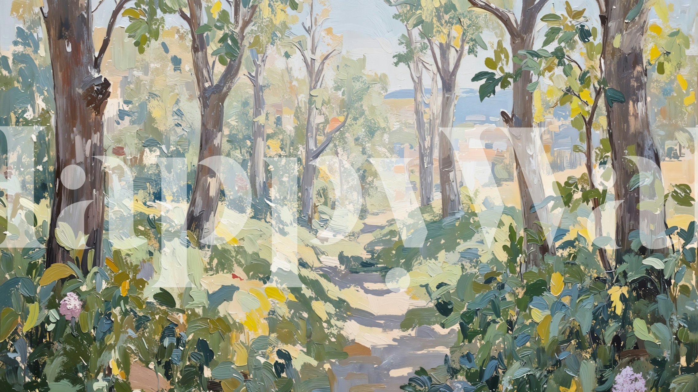 Sunlit forest path wallpaper in a room