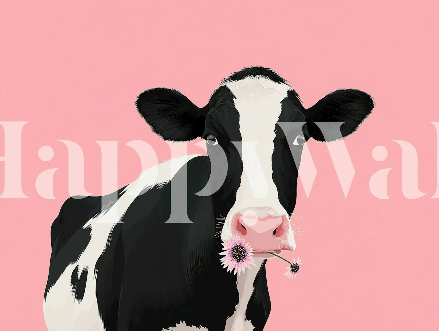 Black and white cow holding a flower on pink background wallpaper