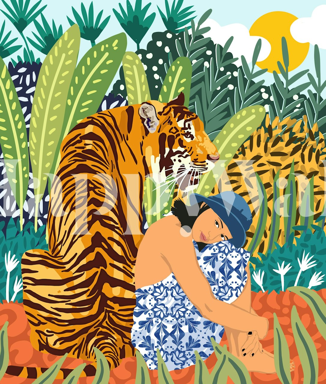 Jungle scene with tiger and person, green foliage, colorful illustration wallpaper