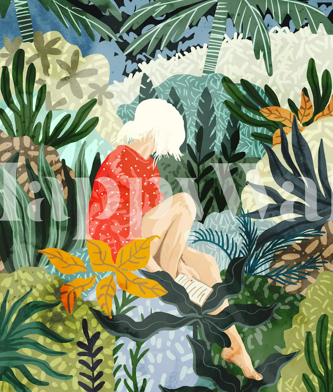 Tropical botanical wallpaper featuring a female figure surrounded by lush greenery and colorful foliage.
