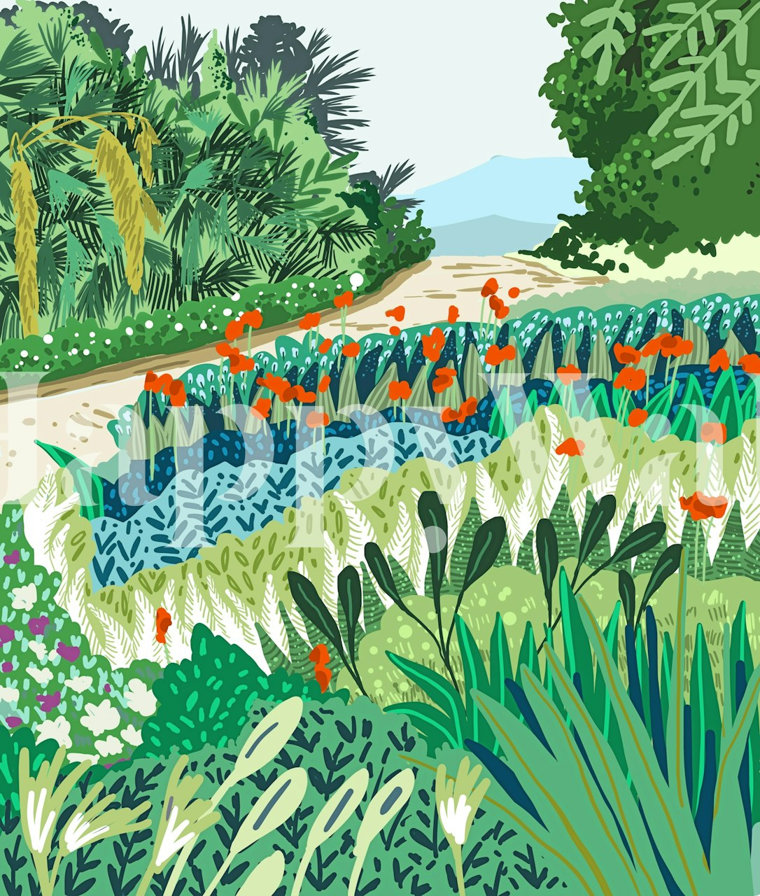 Colorful garden wallpaper with lush greenery and red flowers