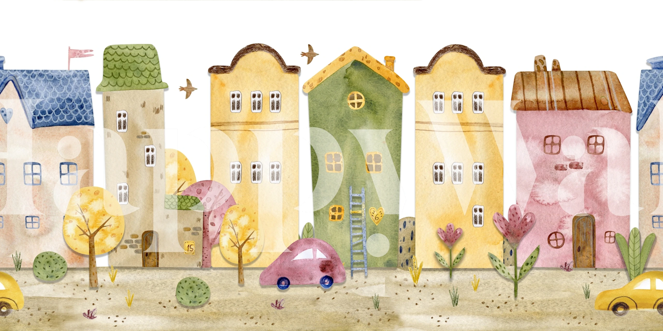 Watercolor houses in vibrant colors with green trees and a light background wallpaper