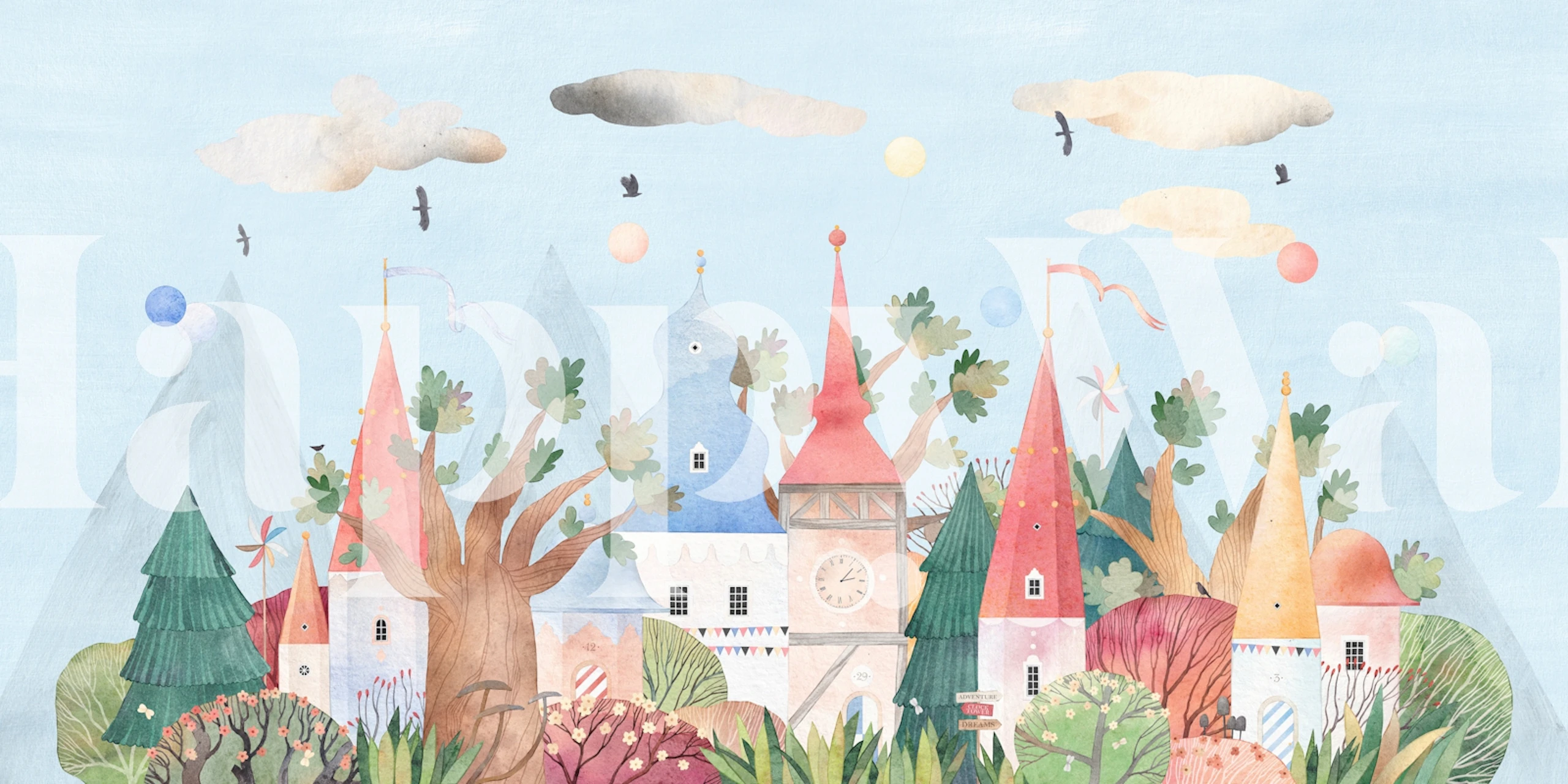 Bunte Traumwelt mit Schlössern und Bäumen, Aquarell Tapete