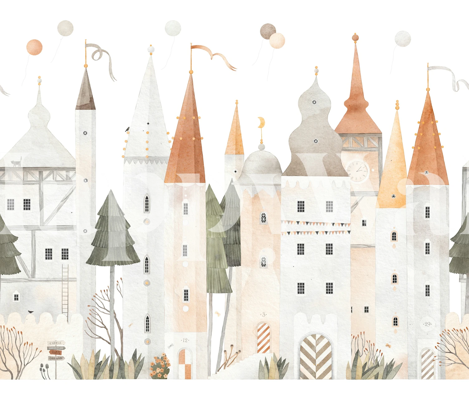 Fairytale city wallpaper in a soft nursery room