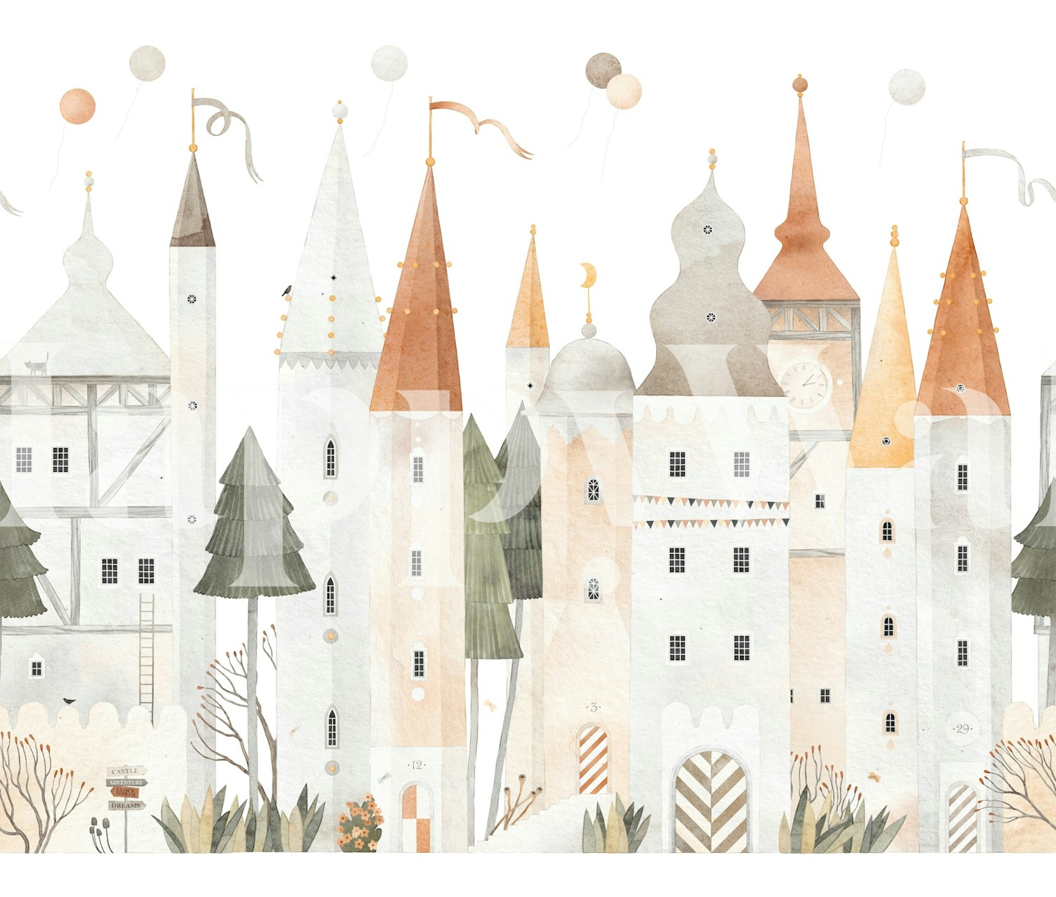 Enchanting fairytale cityscape wallpaper in a room