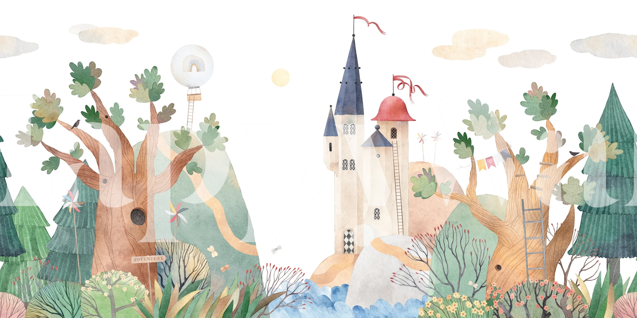 Whimsical castle, trees and flowers landscape wallpaper