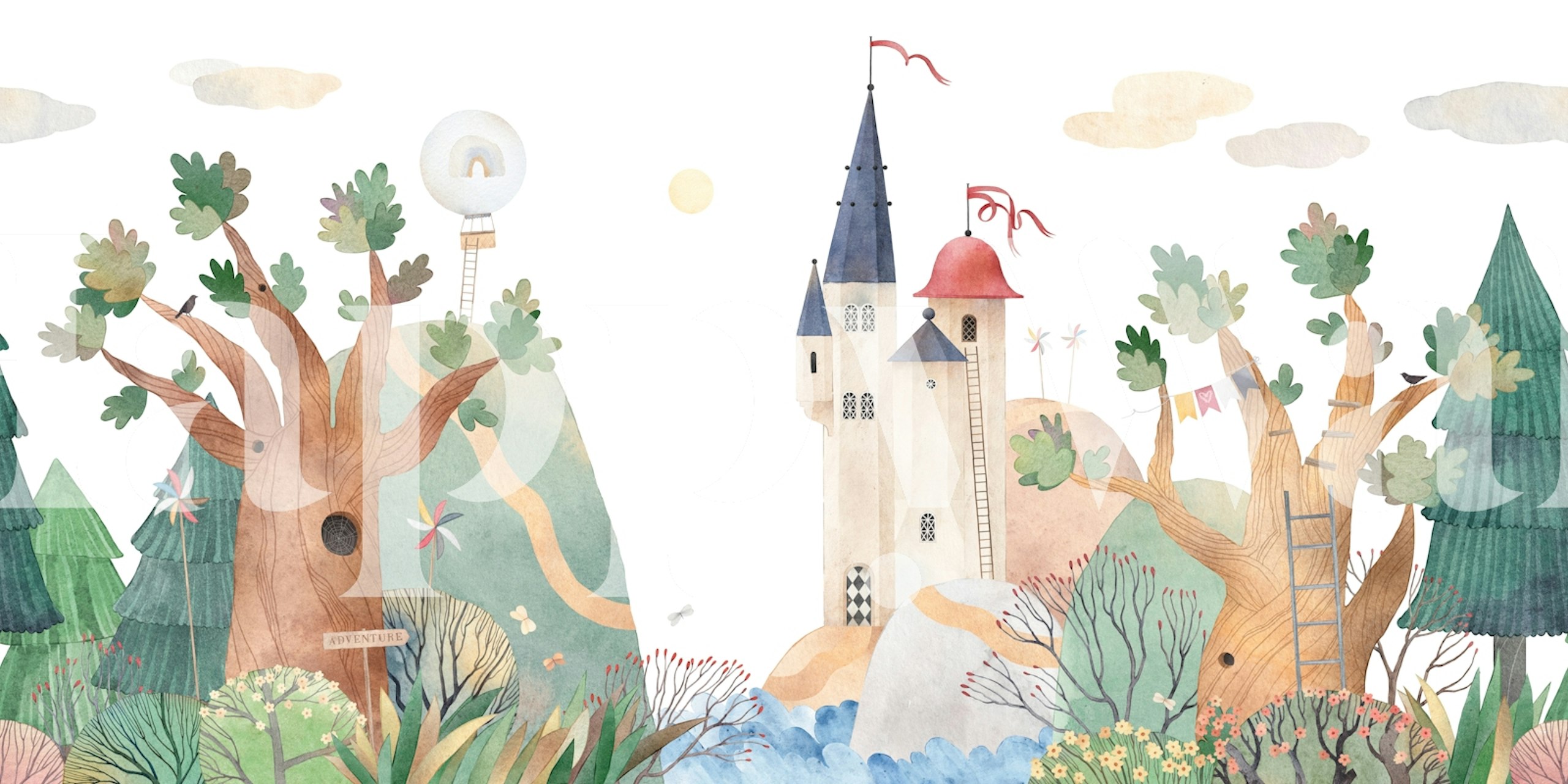 Whimsical castle, trees and flowers landscape wallpaper