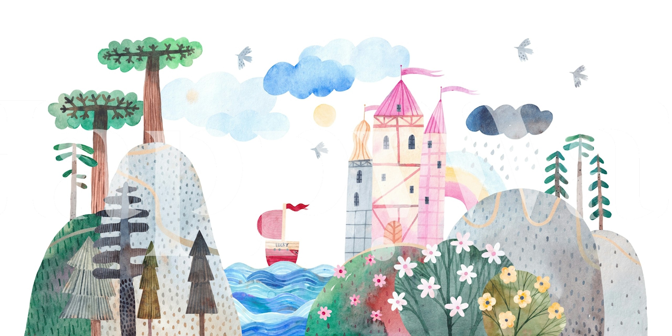 Dreamy coastal scene wallpaper in a room