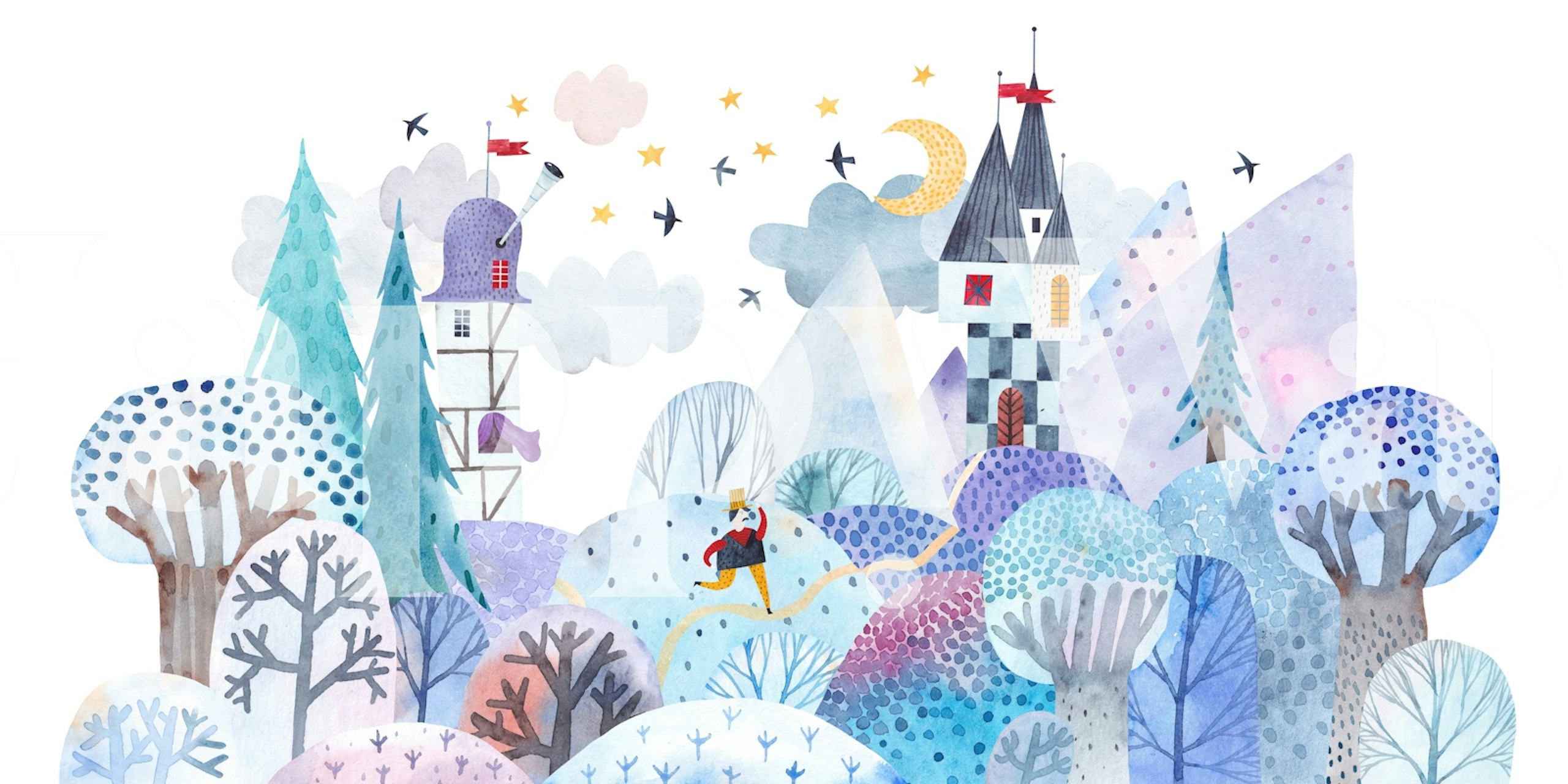 Snowy landscape with trees, houses, and stars wallpaper