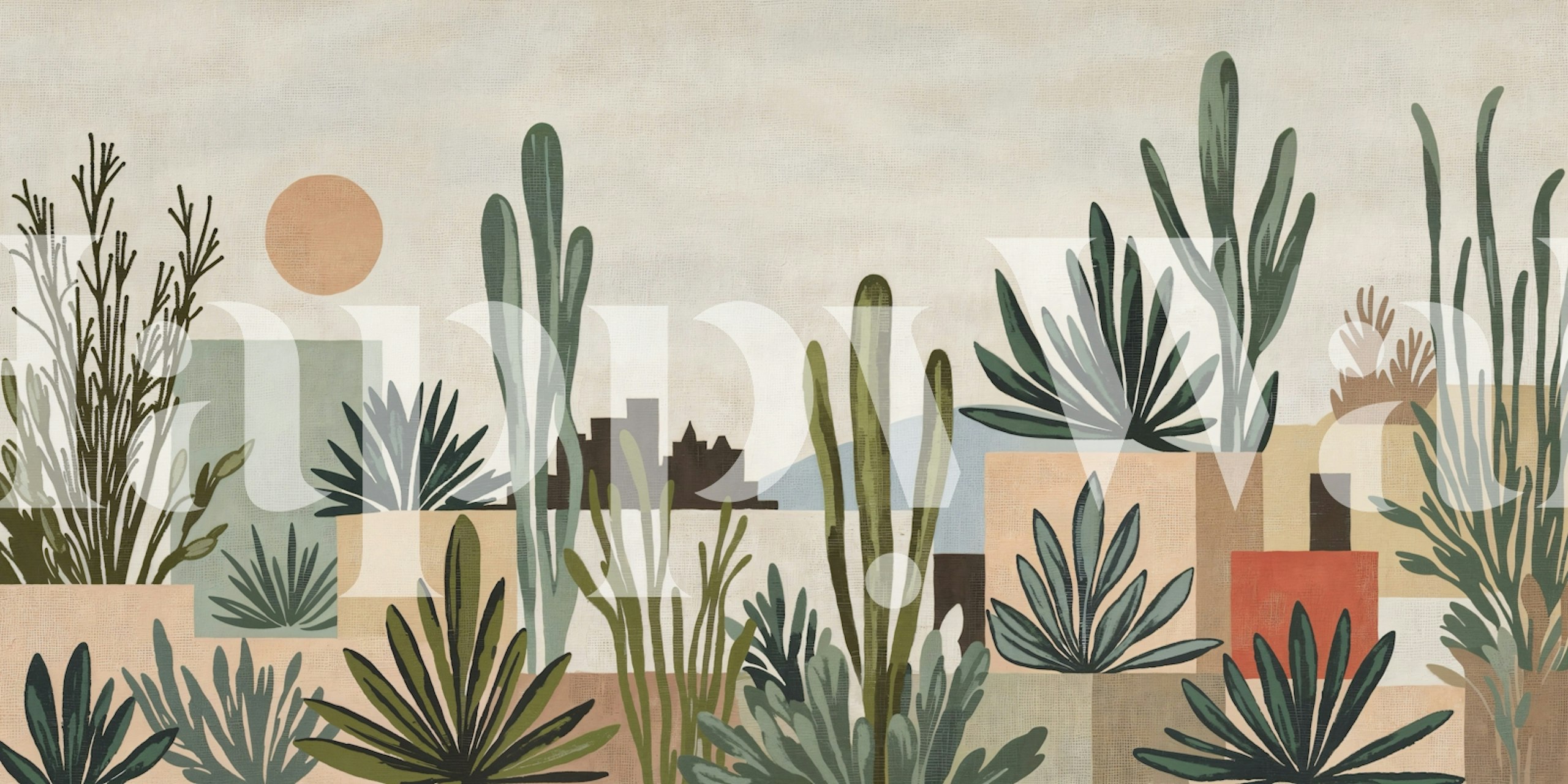 Sunset Desert Oasis wallpaper displayed in a room