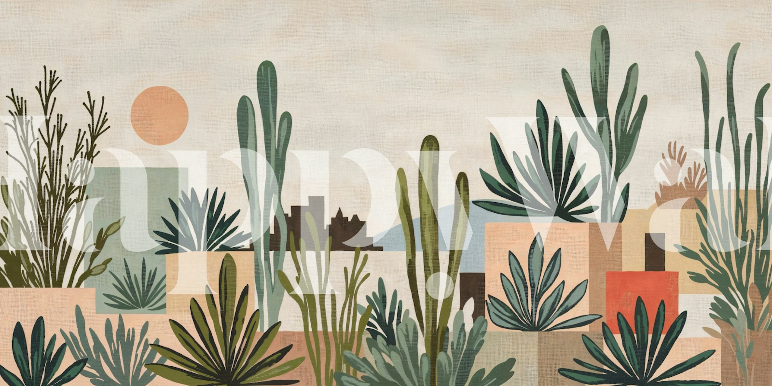 Sunset Desert Oasis wallpaper displayed in a room