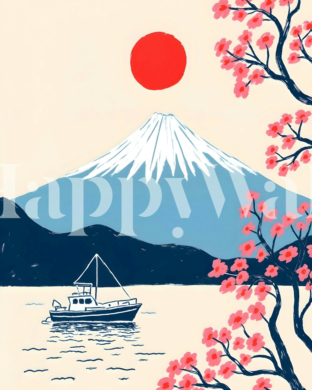 Mount Fuji with cherry blossoms and a boat in a serene landscape wallpaper
