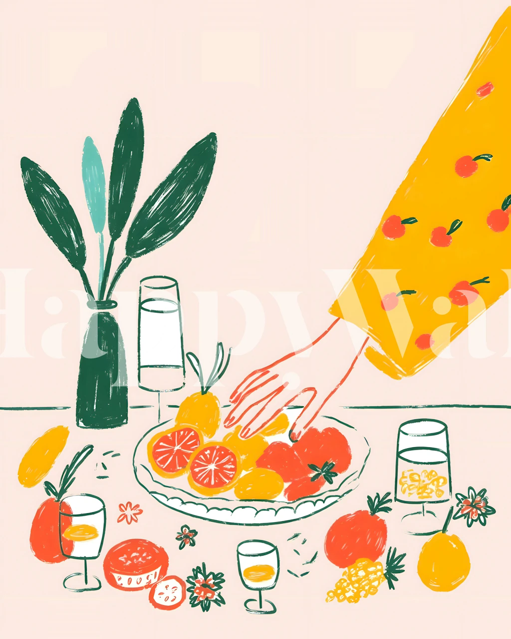 Breakfast fruit spread wallpaper in a room