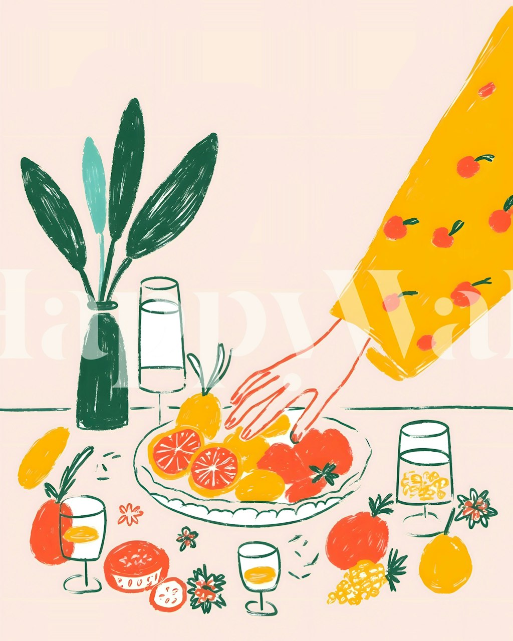 Breakfast fruit spread wallpaper in a room