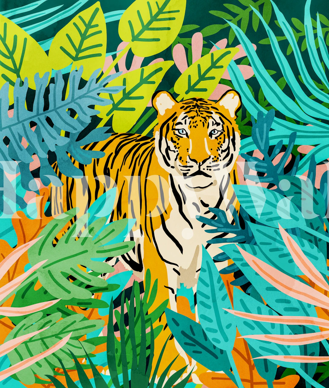 Vibrant wallpaper featuring a tiger in foliage