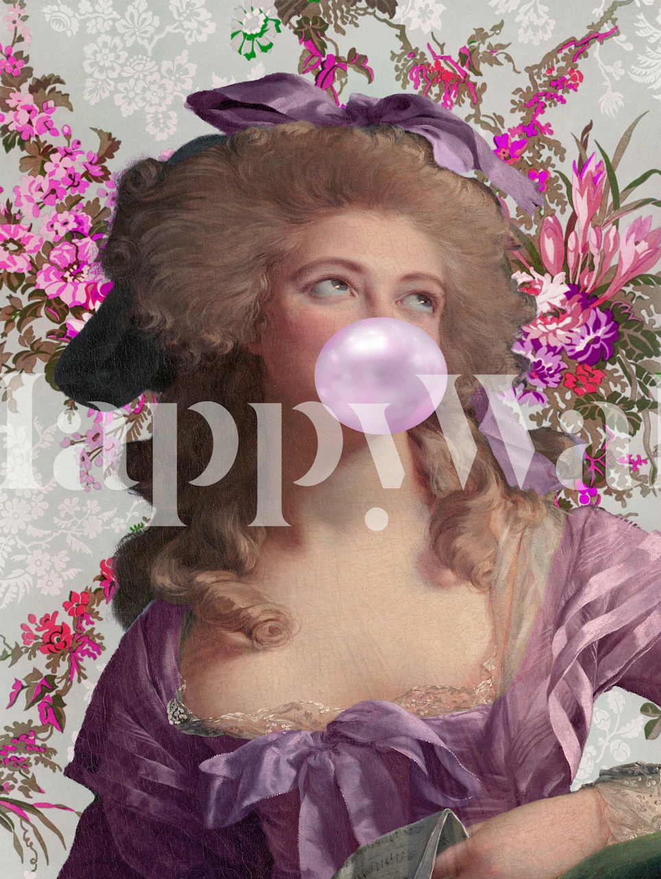 A woman with a bubble gum bubble surrounded by vintage floral patterns pastel wallpaper