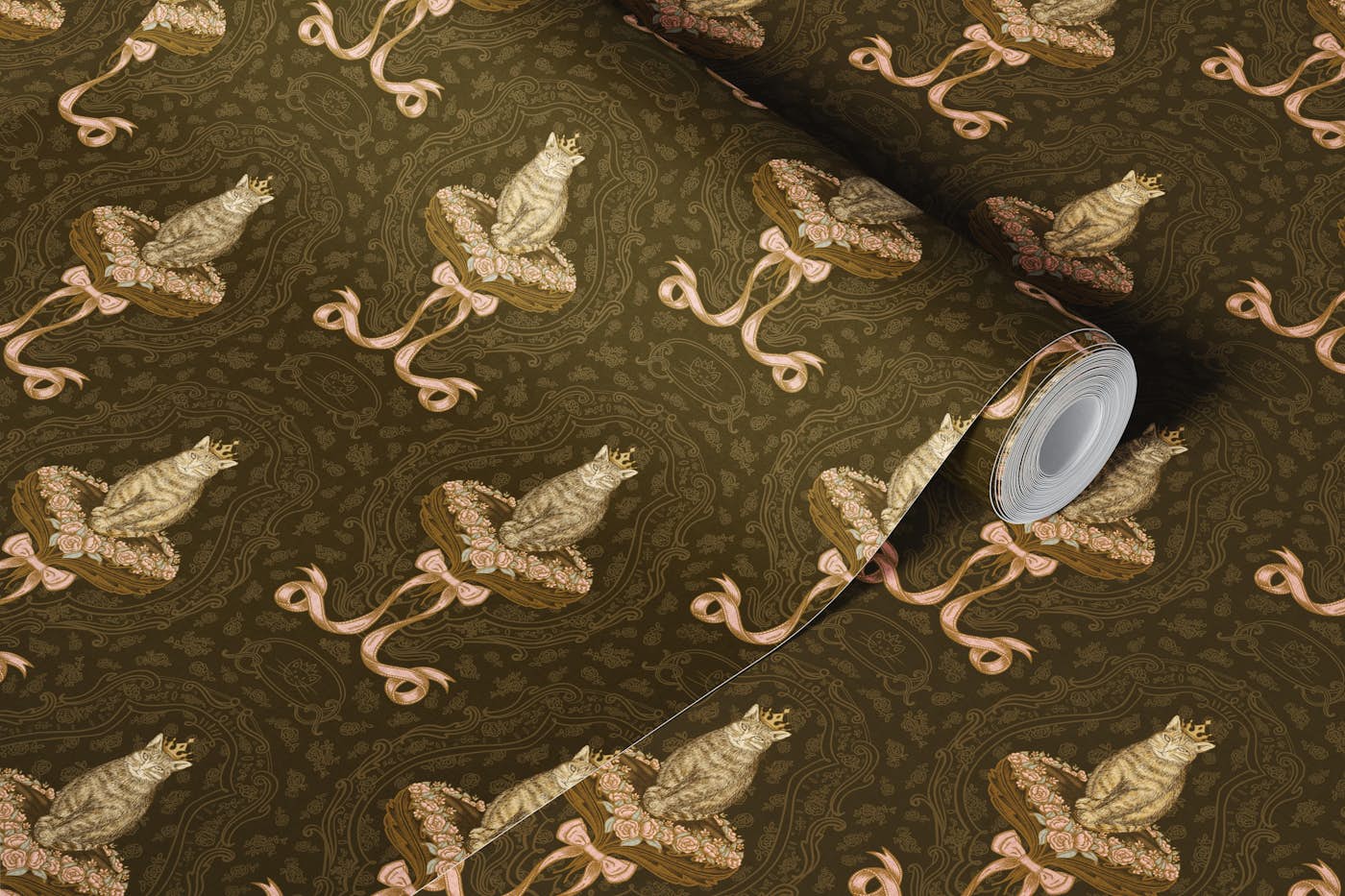 Cat queen with rococo bow M – brown & pink wallpaper roll